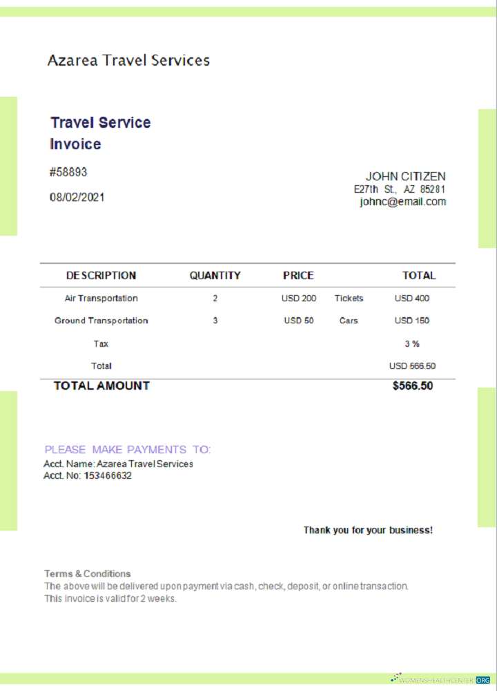 Реалистичный Скачать USA Azarea Туристический Services Invoice Photoshop Шаблон