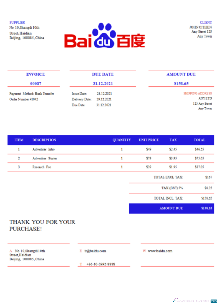 Редактируемый Скачать USA Baidu Invoice Photoshop Шаблон