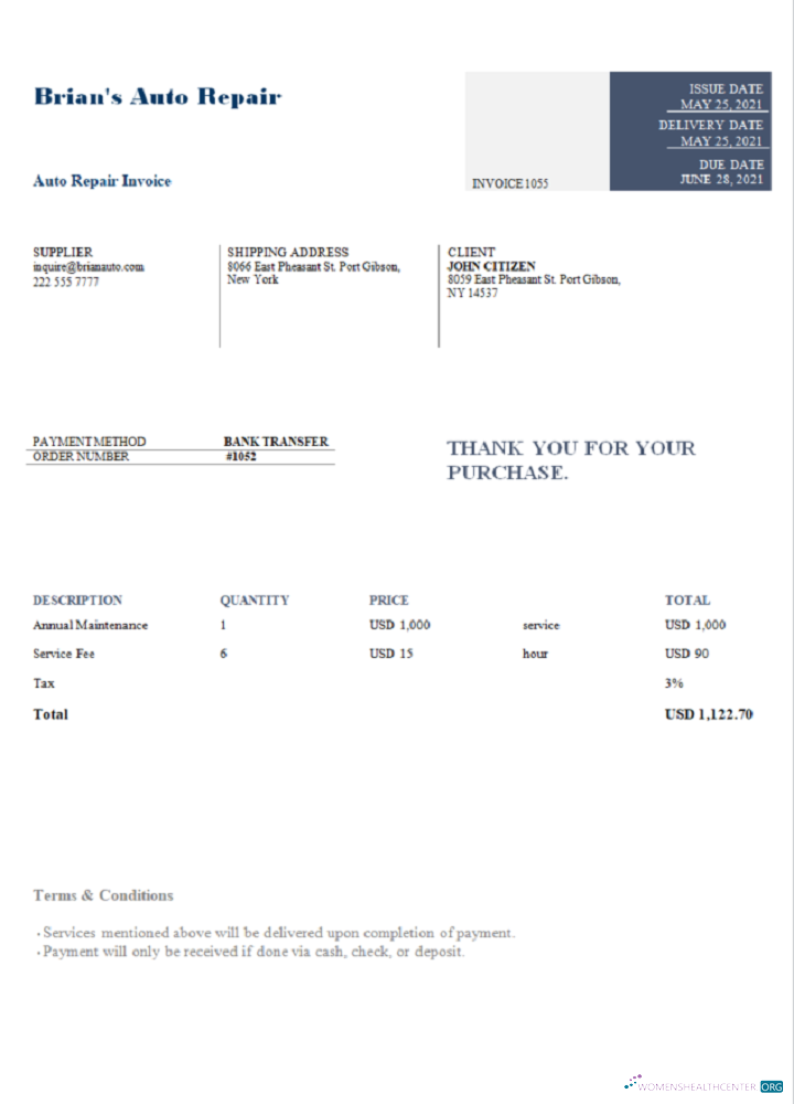Профессиональный Скачать USA Brian's Auto Repair Invoice Photoshop Шаблон