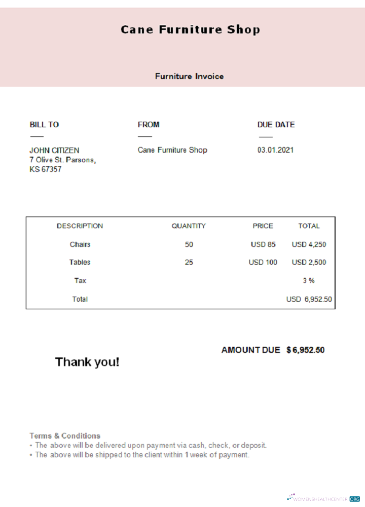 Премиум Скачать USA Cane Furniture Shop Invoice Photoshop Шаблон