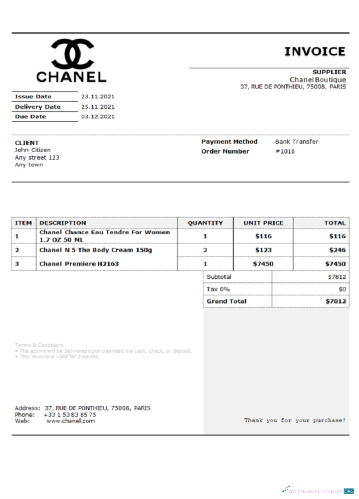 Премиум Скачать USA Chanel Invoice Photoshop Шаблон
