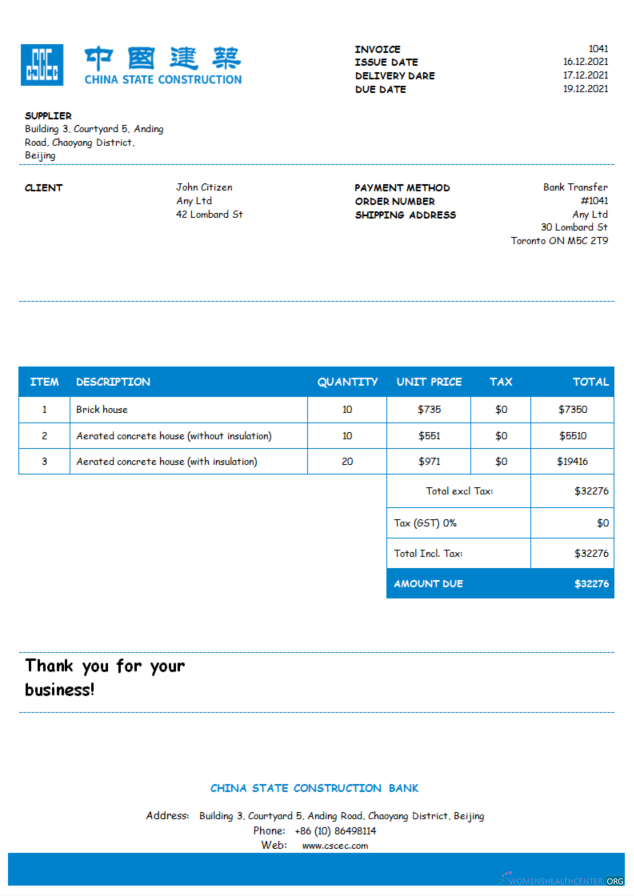 Редактируемый Скачать USA Китай Construction Банк Invoice Photoshop Шаблон