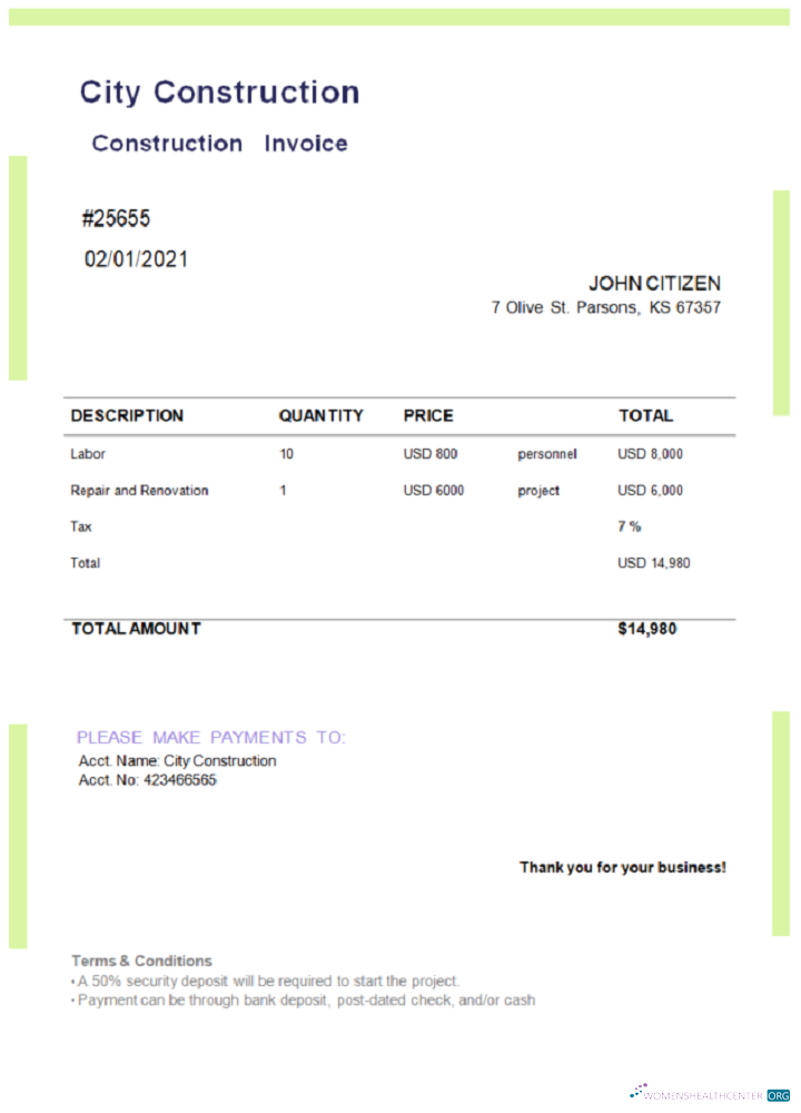 Реалистичный Скачать USA Сити Construction Invoice Photoshop Шаблон