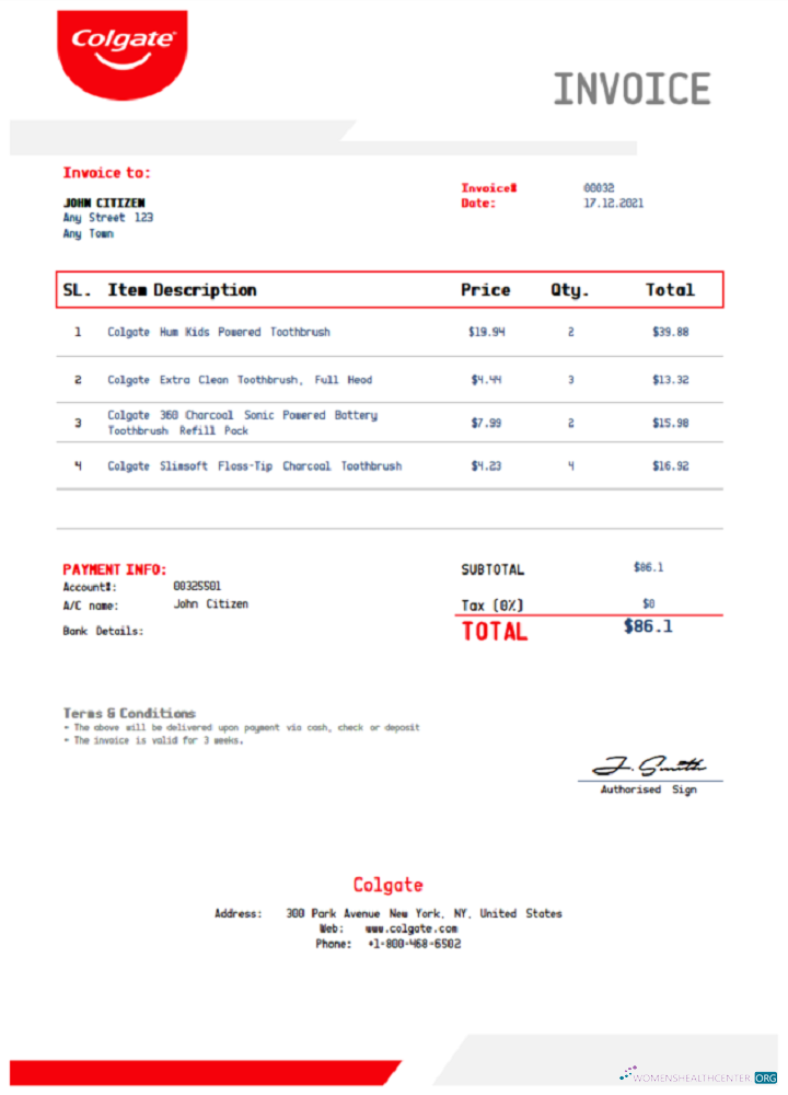 Реалистичный Скачать USA Colgate Invoice Шаблон в Word Photoshop Шаблон