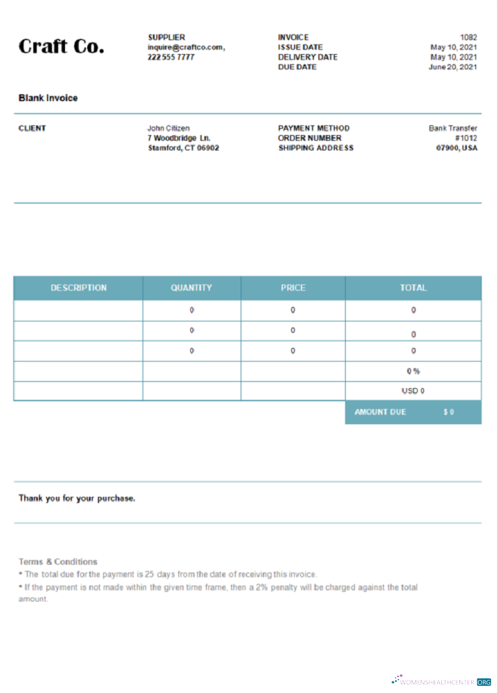 Премиум Скачать USA Craft Co. Invoice Photoshop Шаблон