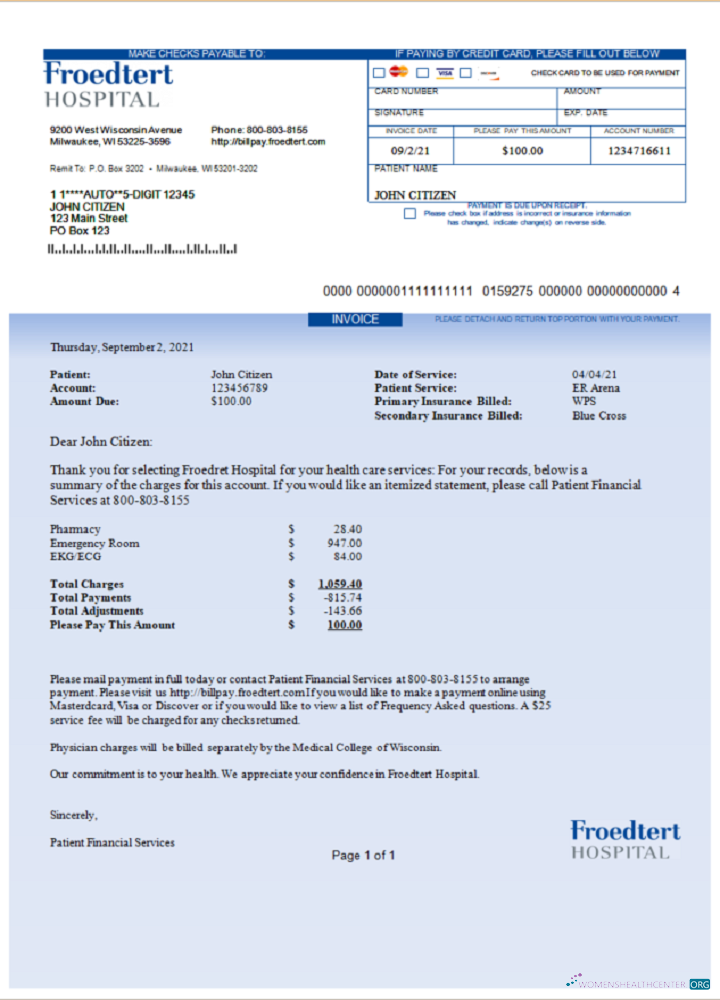 Реалистичный Скачать USA Froedtert Hospital Invoice Photoshop Шаблон