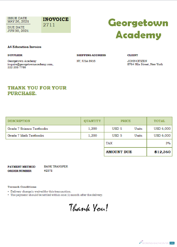 Профессиональный Скачать USA Georgetown Academy Invoice Photoshop Шаблон
