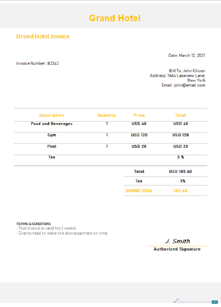 Профессиональный Скачать USA Гранд Hotel Invoice Photoshop Шаблон