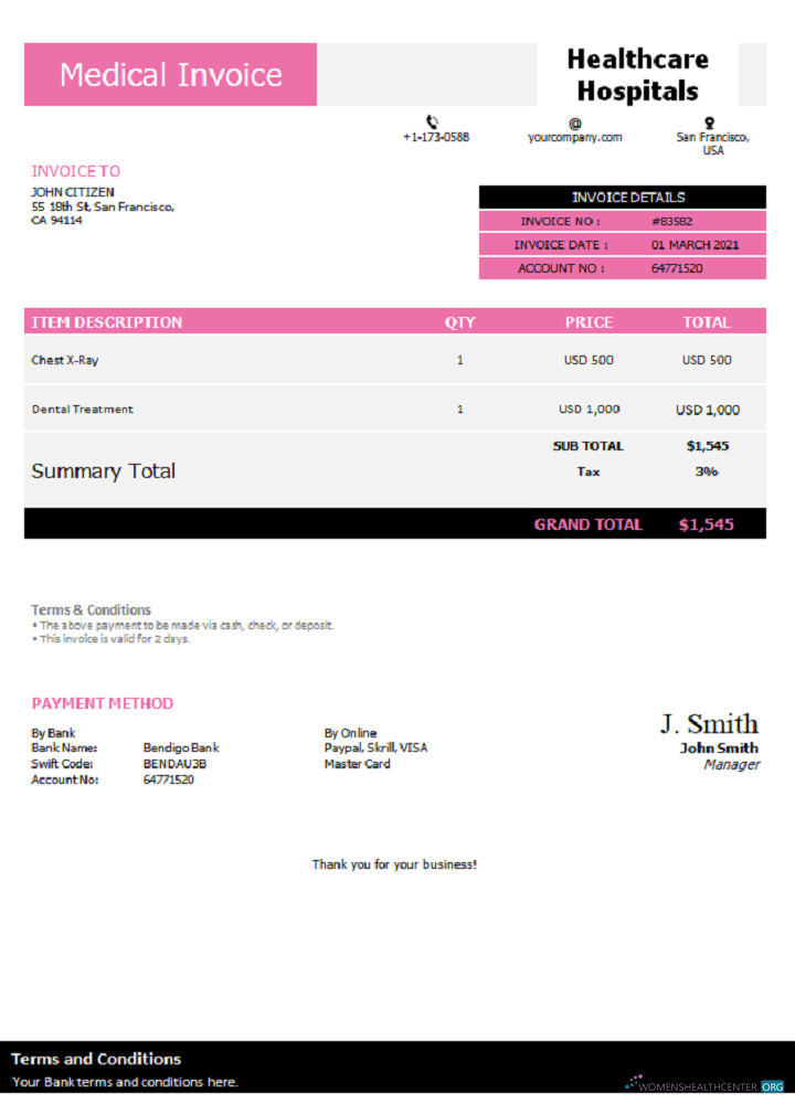 Премиум Скачать USA Healthcare Hospitals Invoice Photoshop Шаблон