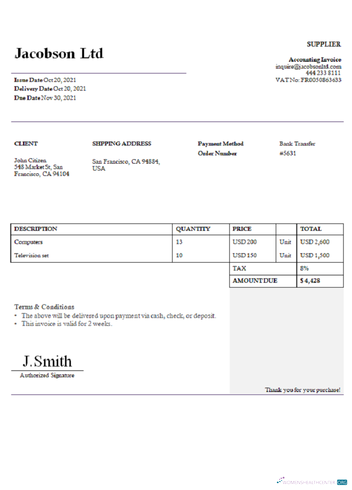 Редактируемый Скачать USA Jacobson ООО Invoice Photoshop Шаблон