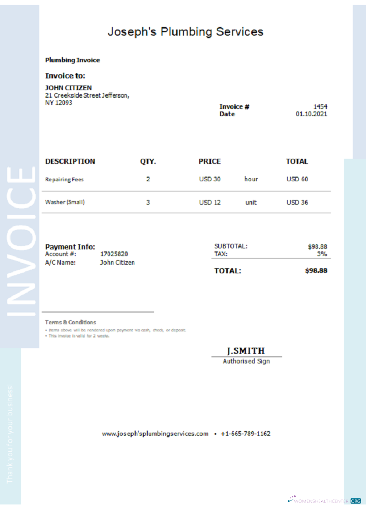 Профессиональный Скачать USA Joseph’s Plumbing Services Invoice Photoshop Шаблон