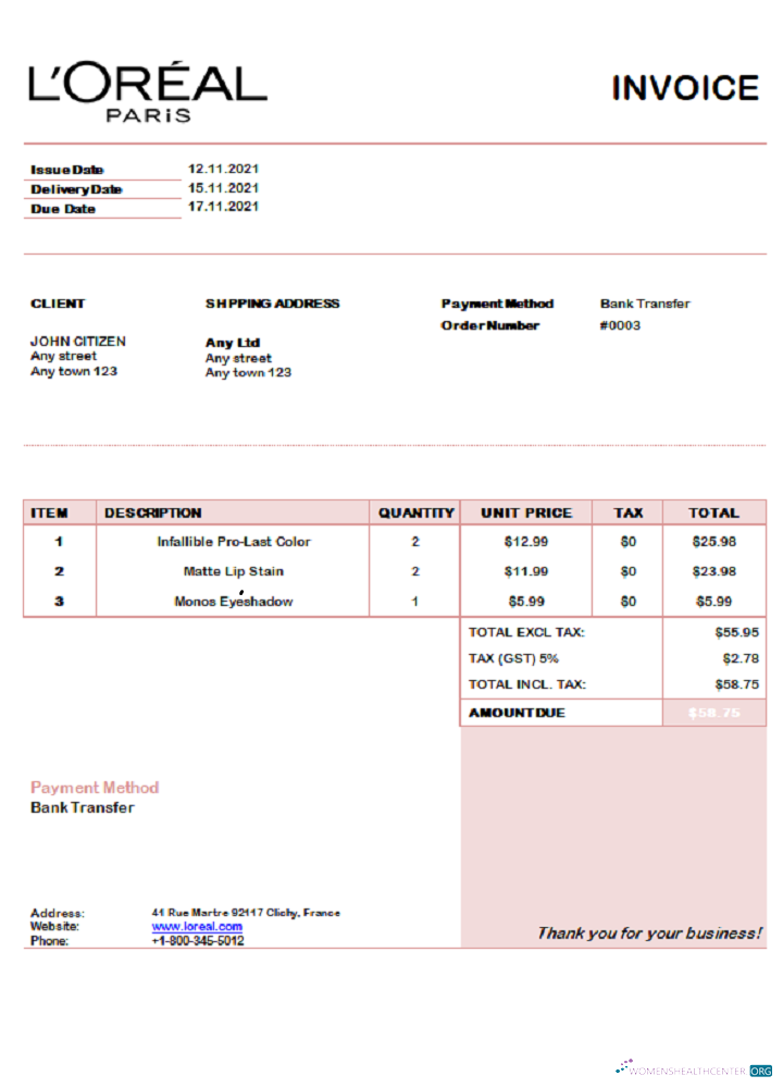 Качественный Скачать USA L’oreal Paris Invoice Photoshop Шаблон