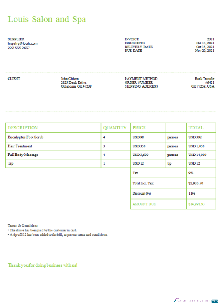 Премиум Скачать USA Louis Salon и Spa Invoice Photoshop Шаблон