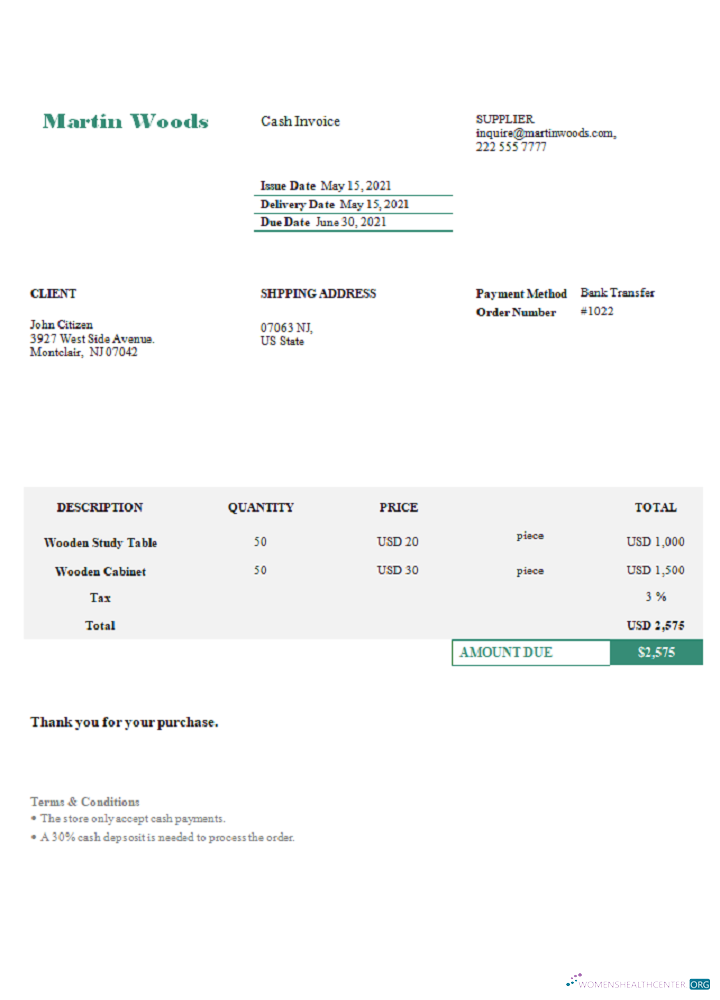 Реалистичный Скачать USA Martin Woods Invoice Photoshop Шаблон