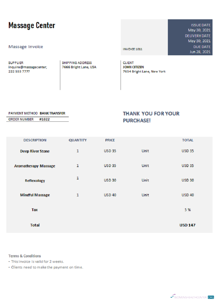 Реалистичный Скачать USA Massage Center Invoice Photoshop Шаблон