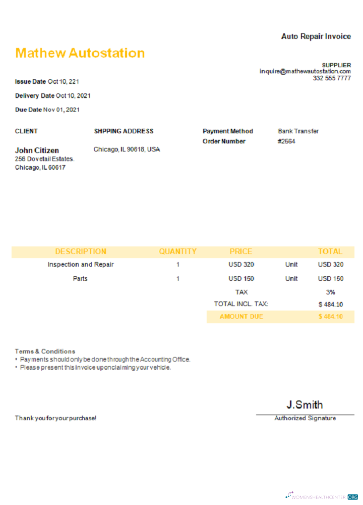 Редактируемый Скачать USA Mathew Autostation Invoice Photoshop Шаблон