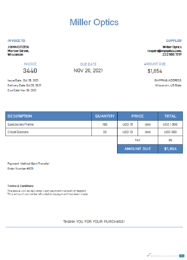 Качественный Скачать USA Miller Optics Invoice Photoshop Шаблон