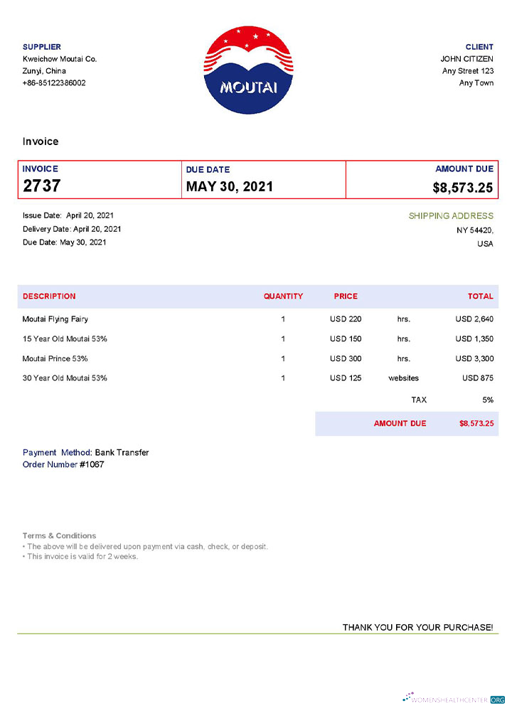 Премиум Скачать USA Moutai Invoice Шаблон Photoshop Шаблон