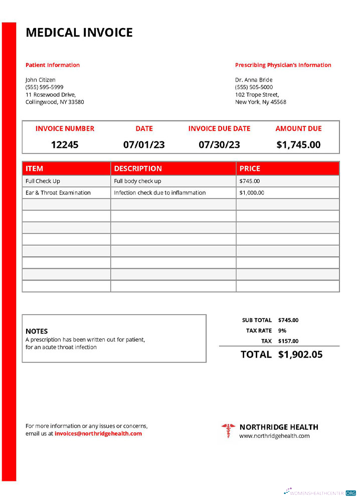 Качественный Скачать USA Новый York Northridge Health Center Medical Invoice Шаблон Photoshop Шаблон