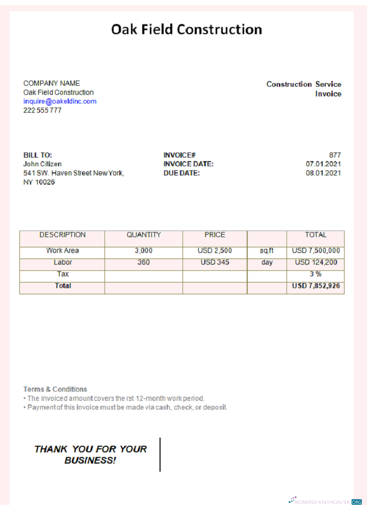Реалистичный Скачать USA Oak Филд Construction Invoice Photoshop Шаблон