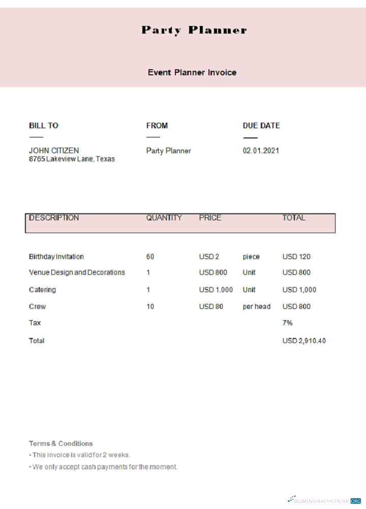 Качественный Скачать USA Party Planner Invoice Photoshop Шаблон
