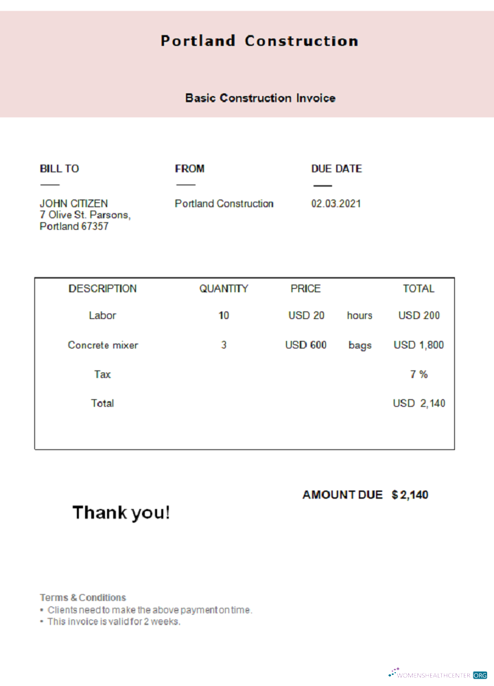 Качественный Скачать USA Portland Construction Invoice Photoshop Шаблон