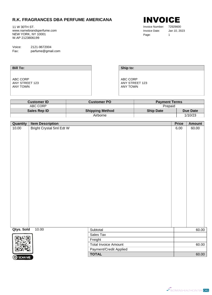 Реалистичный Скачать USA R.K. Fragrances DBA Perfume Americana Invoice Word и PDF Шаблон Photoshop Шаблон