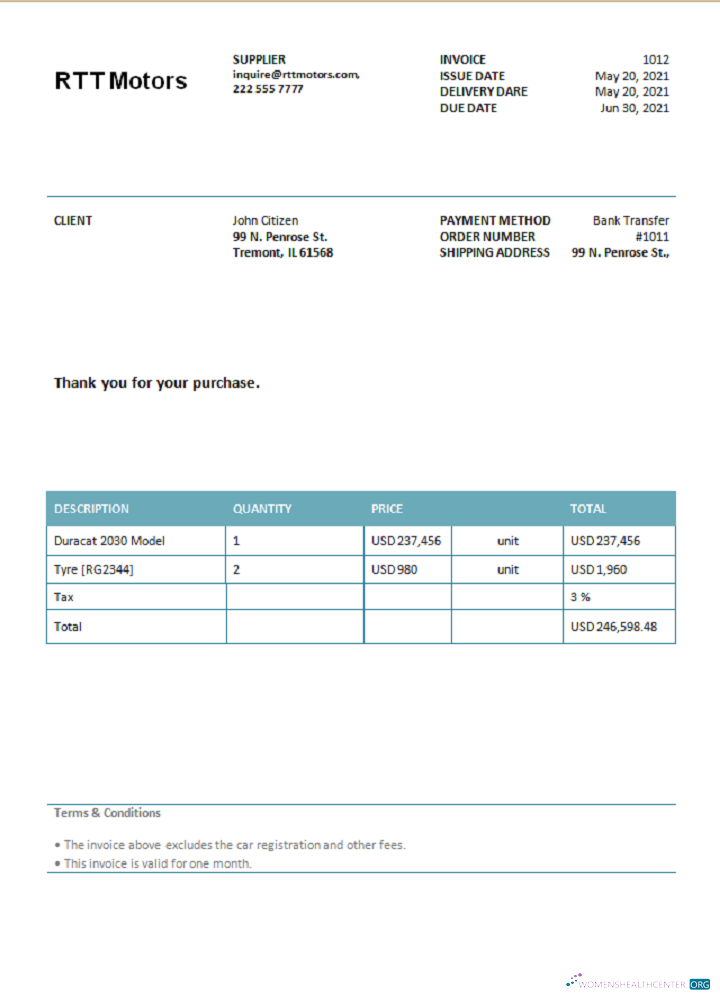 Качественный Скачать USA RTT Motors Invoice Photoshop Шаблон