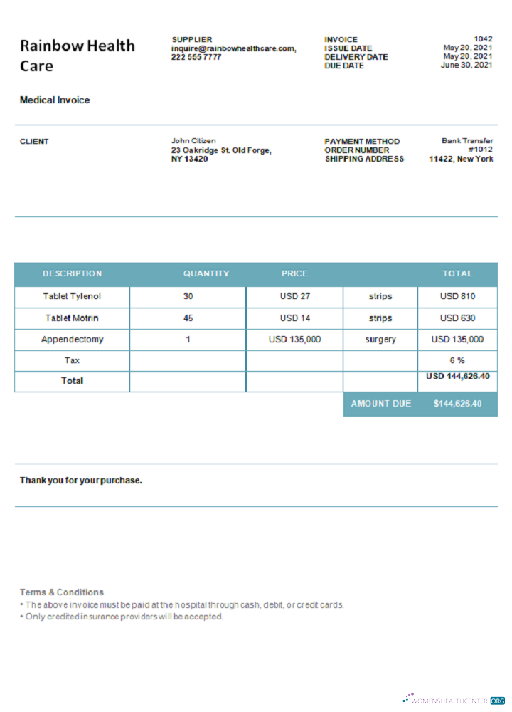 Премиум Скачать USA Rainbow Health Care Invoice Photoshop Шаблон
