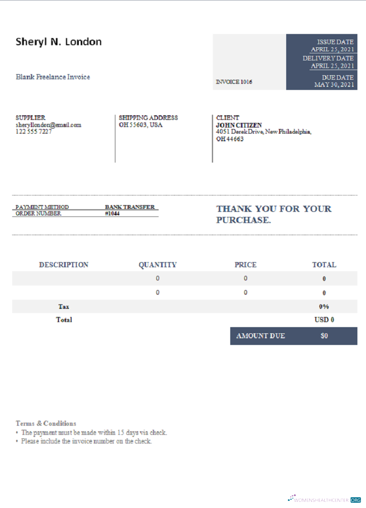 Реалистичный Скачать USA Sheryl N. London Invoice Photoshop Шаблон