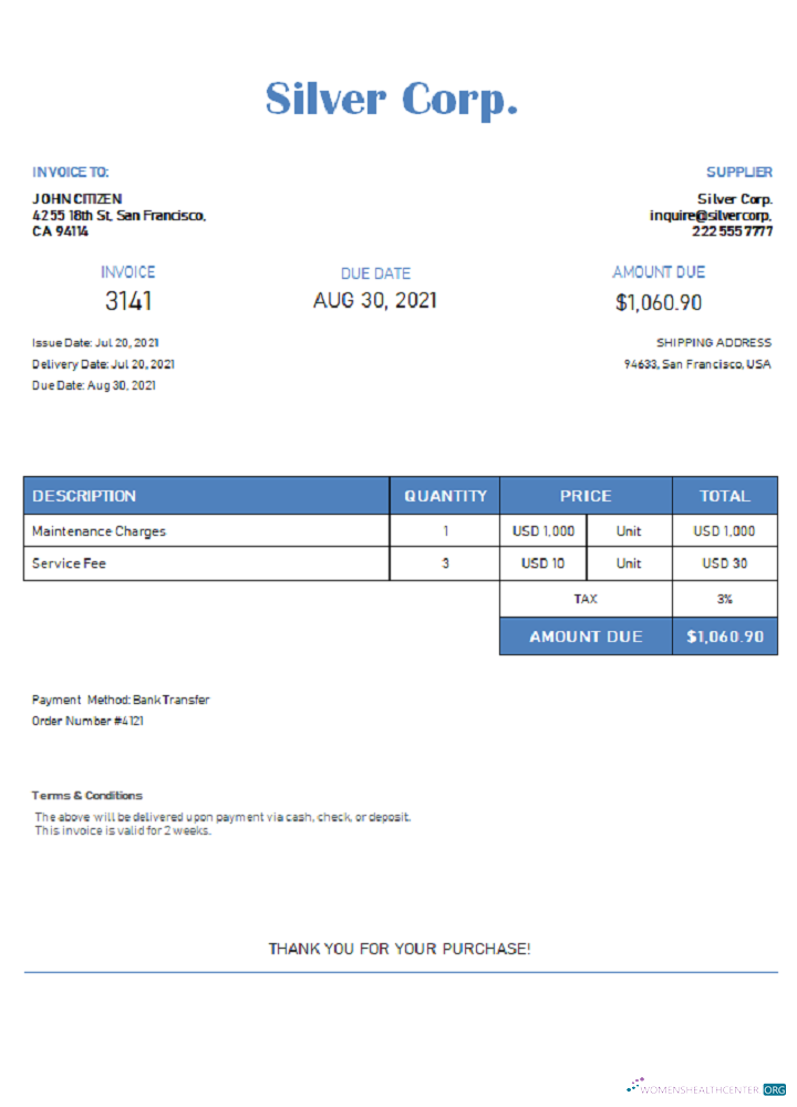 Премиум Скачать USA Серебряная Corp. Invoice Photoshop Шаблон