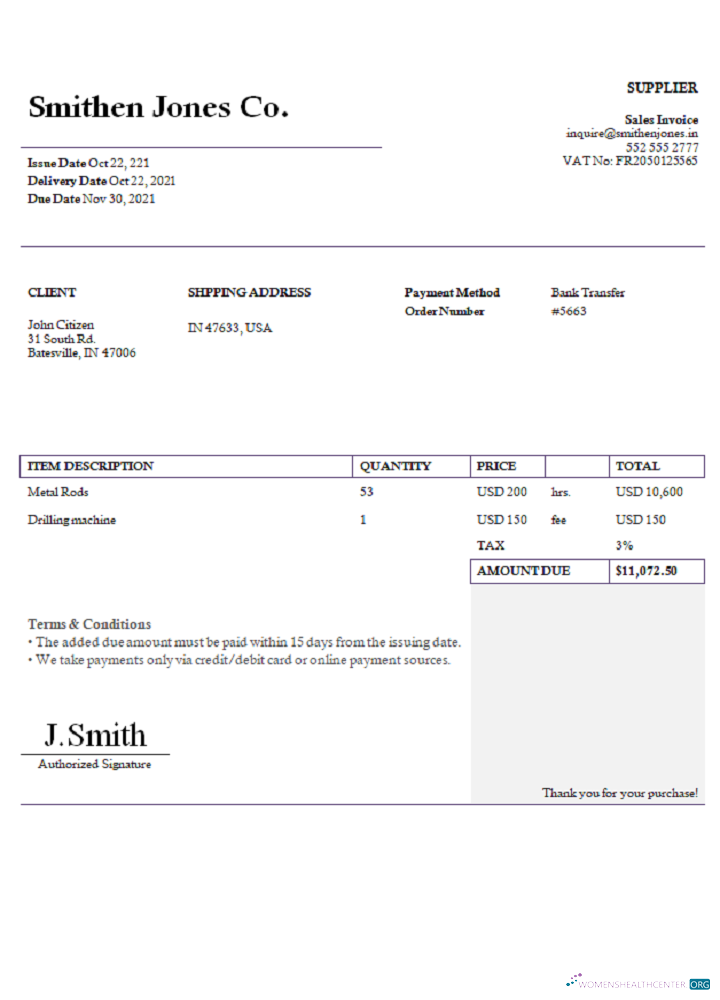 Редактируемый Скачать USA Smithen Jones Co. Invoice Photoshop Шаблон