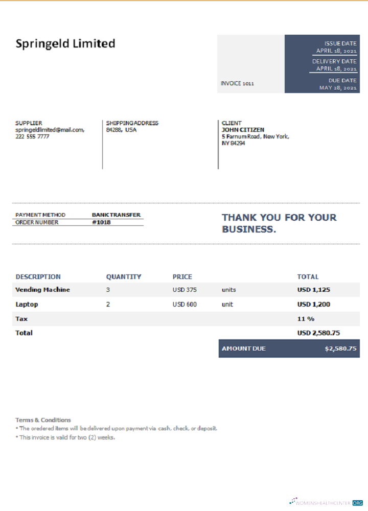 Редактируемый Скачать USA Springeld ООО Invoice Photoshop Шаблон