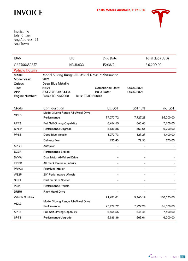 Реалистичный Скачать USA Tesla Invoice Photoshop Шаблон