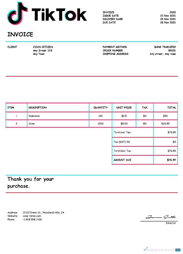 Реалистичный Скачать USA Tik Tok Invoice Photoshop Шаблон