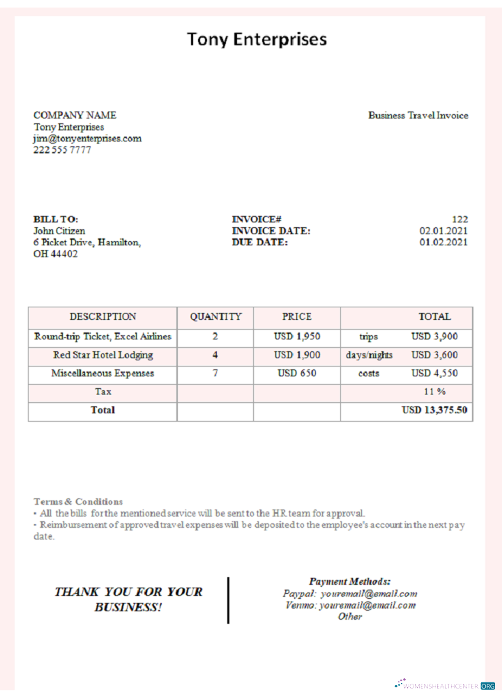 Редактируемый Скачать USA Tony Enterprises Invoice Photoshop Шаблон