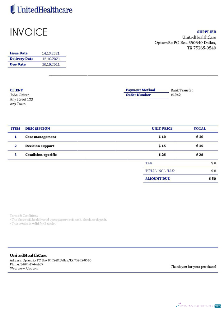 Реалистичный Скачать USA UnitedHealthCare Invoice Photoshop Шаблон