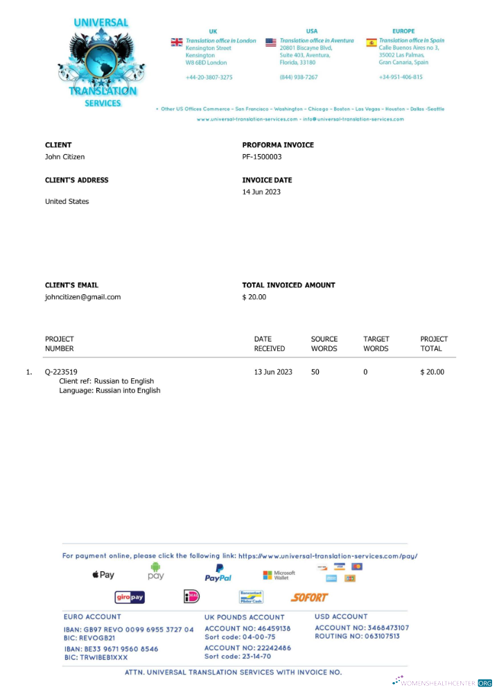 Качественный Скачать USA Universal Translation Services Invoice Word и PDF Шаблон Photoshop Шаблон