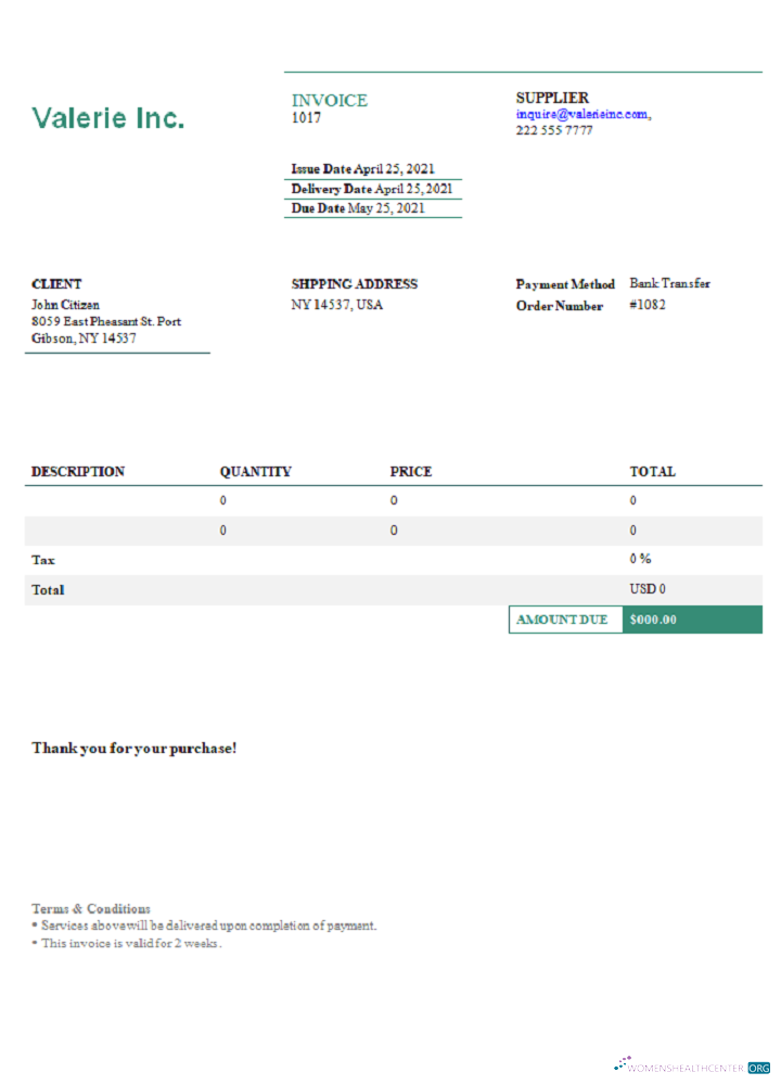 Профессиональный Скачать USA Valerie Inc. Invoice Photoshop Шаблон
