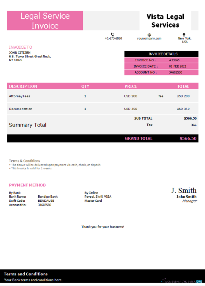 Редактируемый Скачать USA Vista Legal Services Invoice Photoshop Шаблон