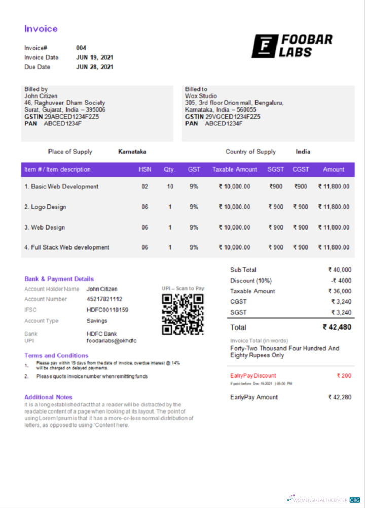 Реалистичный Индия Foobar Labs Information Technology Компания Invoice Шаблон в Word и PDF Формат, Fully Editable, Версия 2