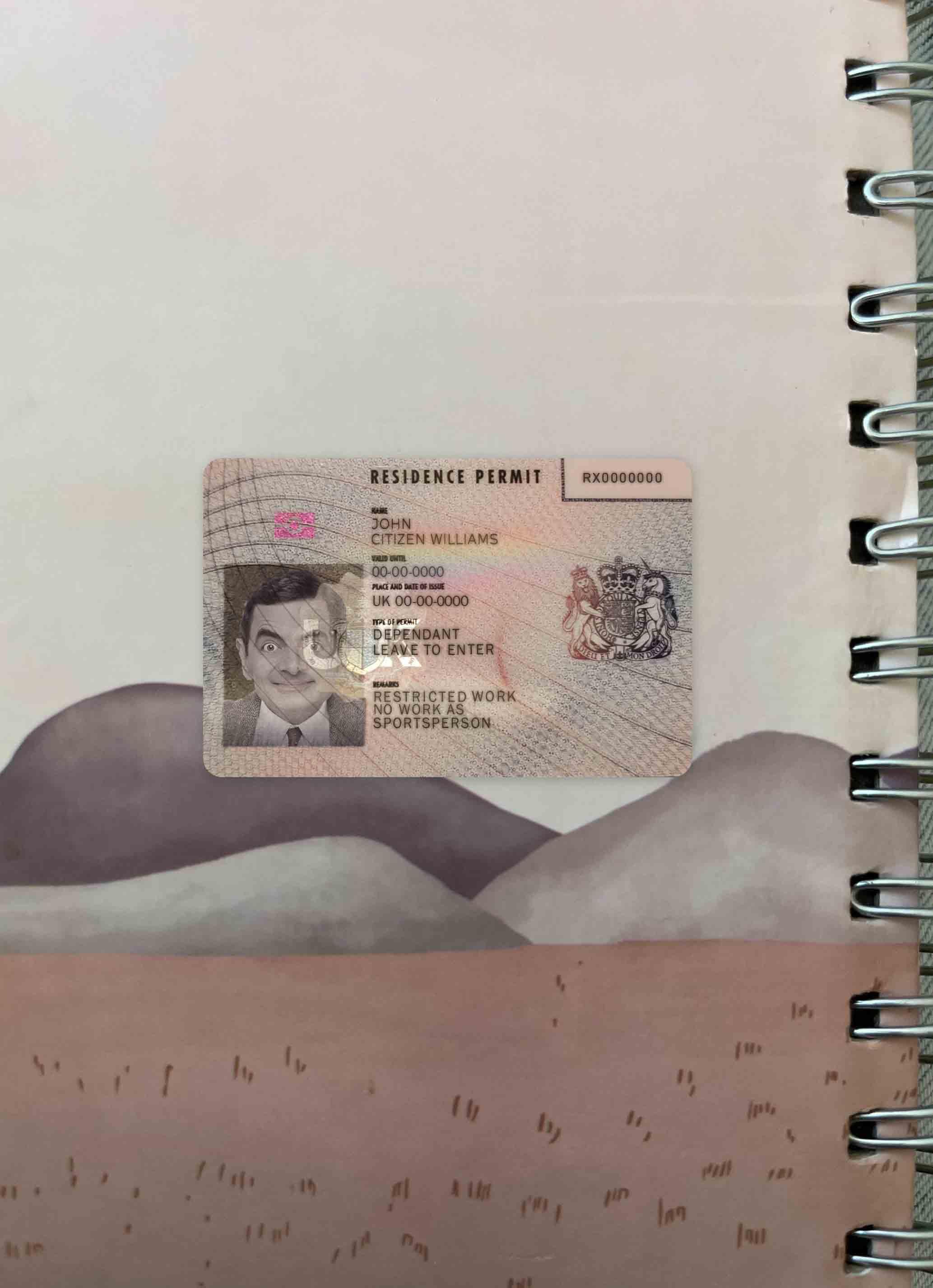 Реалистичный Скачать UK Residence Permit Фотоэффект Лицевая Сторона Photoshop Шаблон