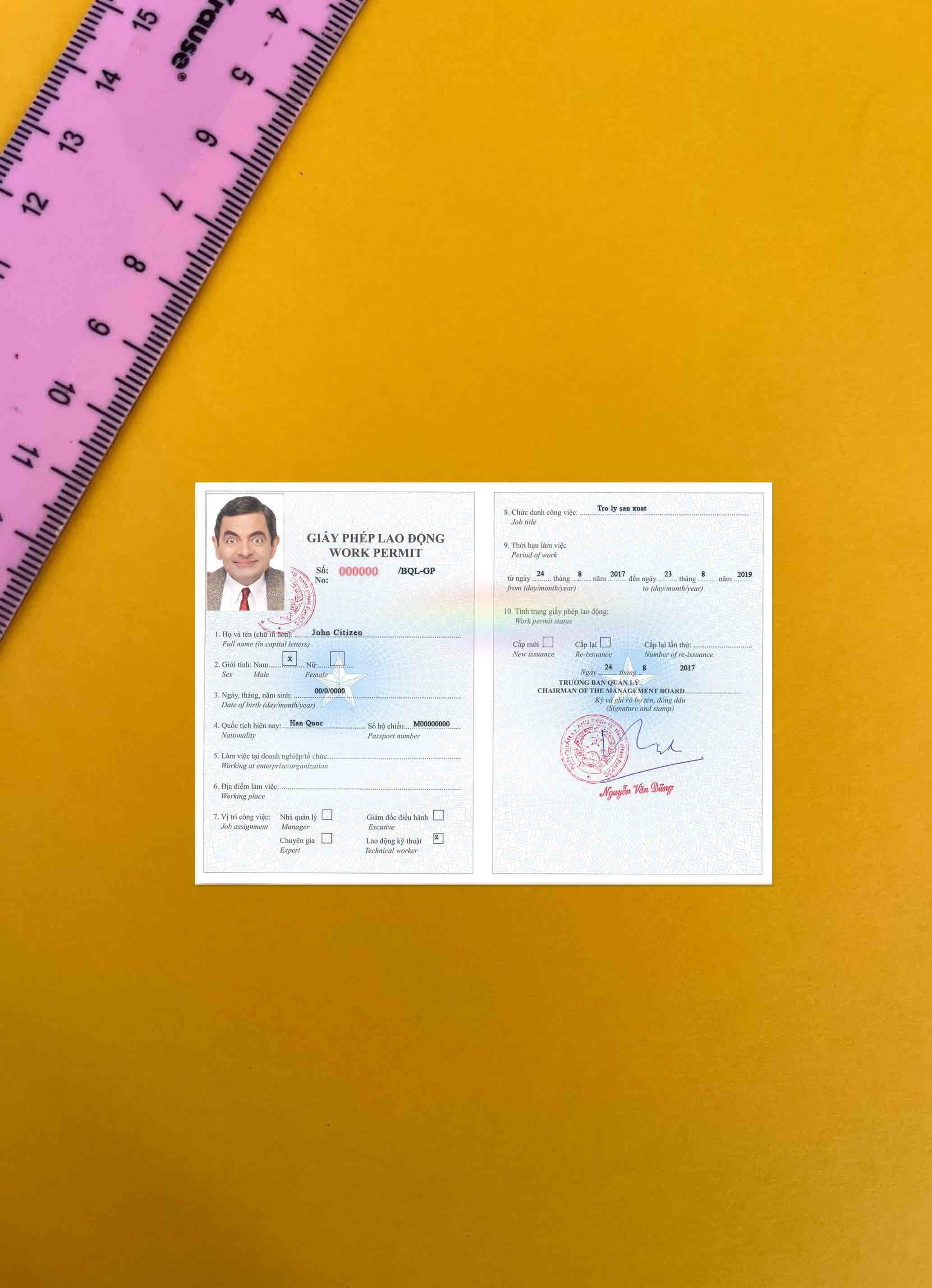 Редактируемый Скачать Вьетнам Work Permit Версия 2 Фотоэффект Photoshop Шаблон