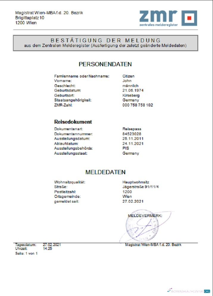 Премиум Австрия ZMR Zentrales Melderegister Центральный Register Residents Документ Шаблон в Word Формат