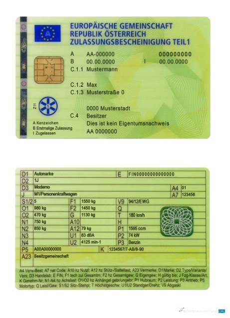 Реалистичный Скачать Австрия Vehicle Registration Certificate Part 1 Photoshop Шаблон