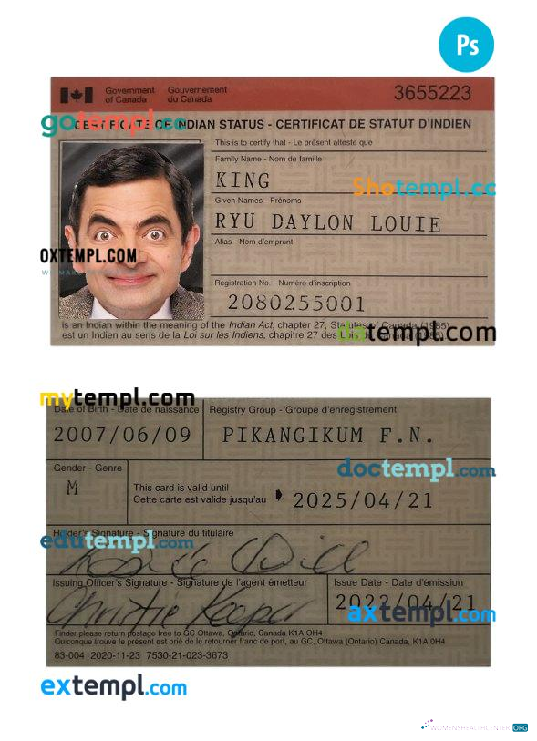 Качественный Скачать Канада Certificate Indian Status Photoshop Шаблон