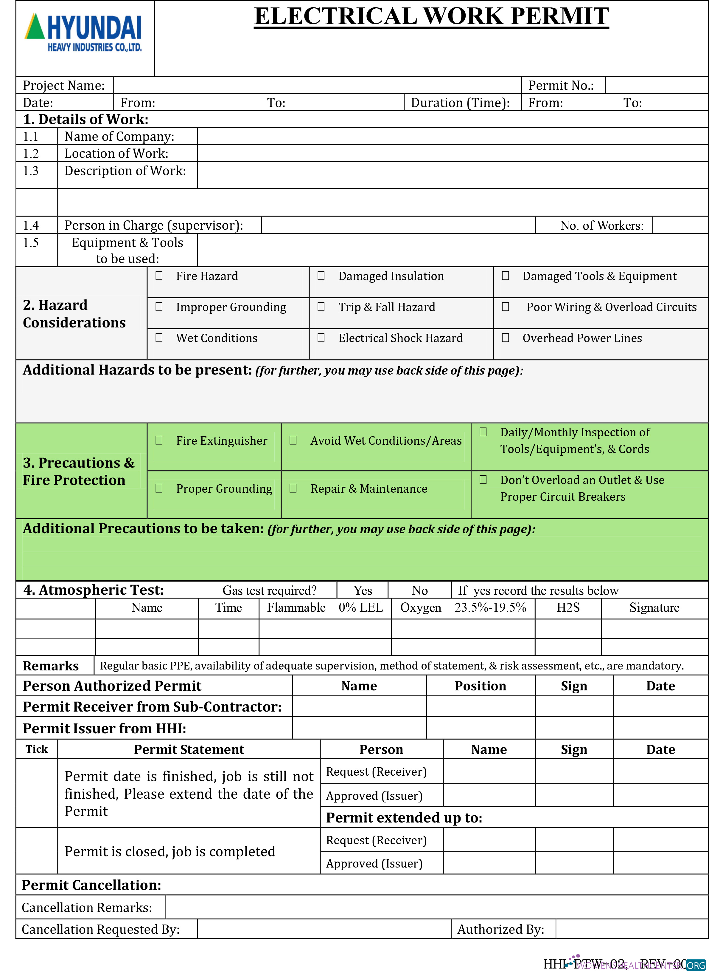Редактируемый Скачать Hyundai Heavy Industries Electrical Work Permit Photoshop Шаблон