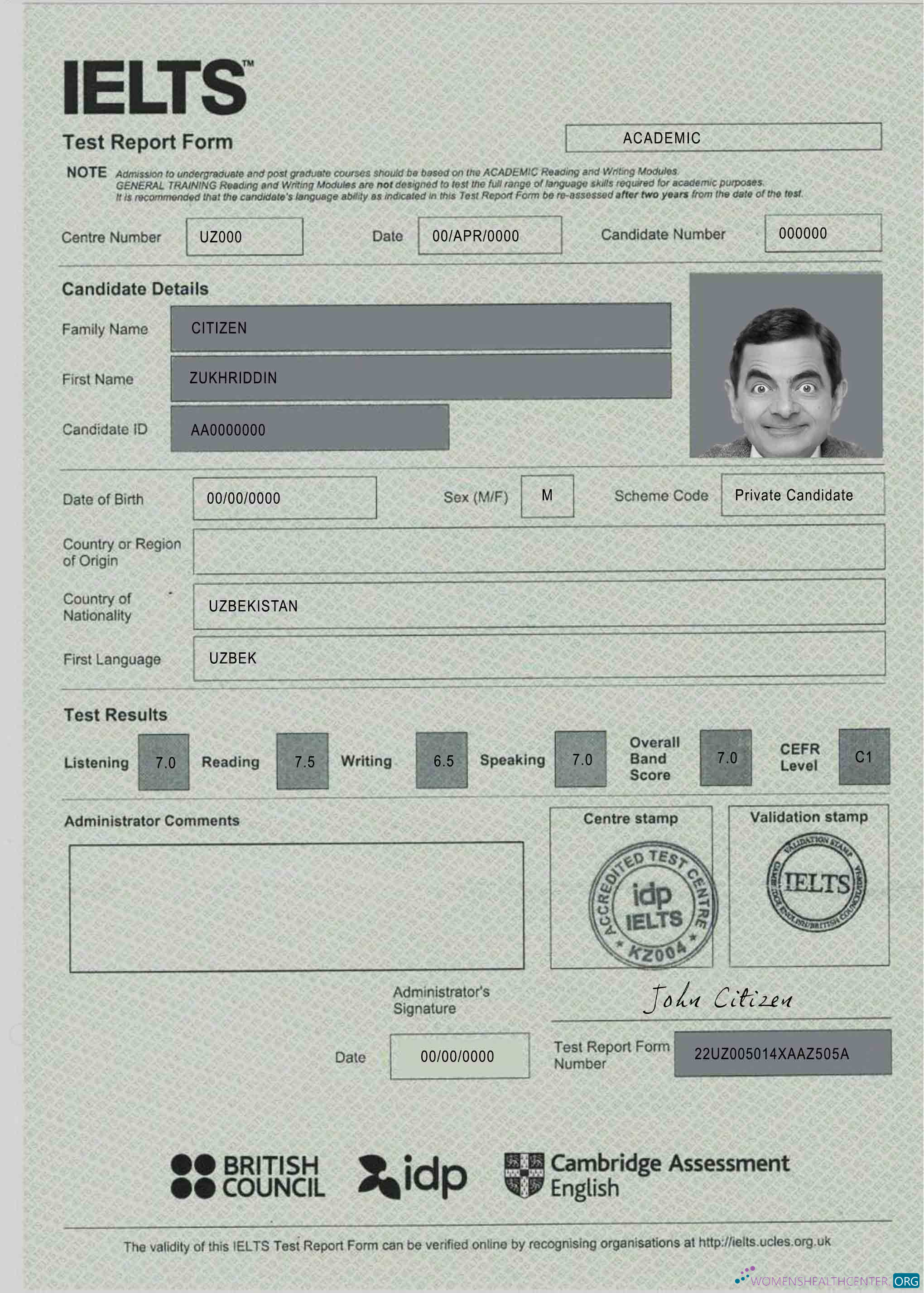 Реалистичный Скачать IELTS Test Report Form Certificate Photoshop Шаблон