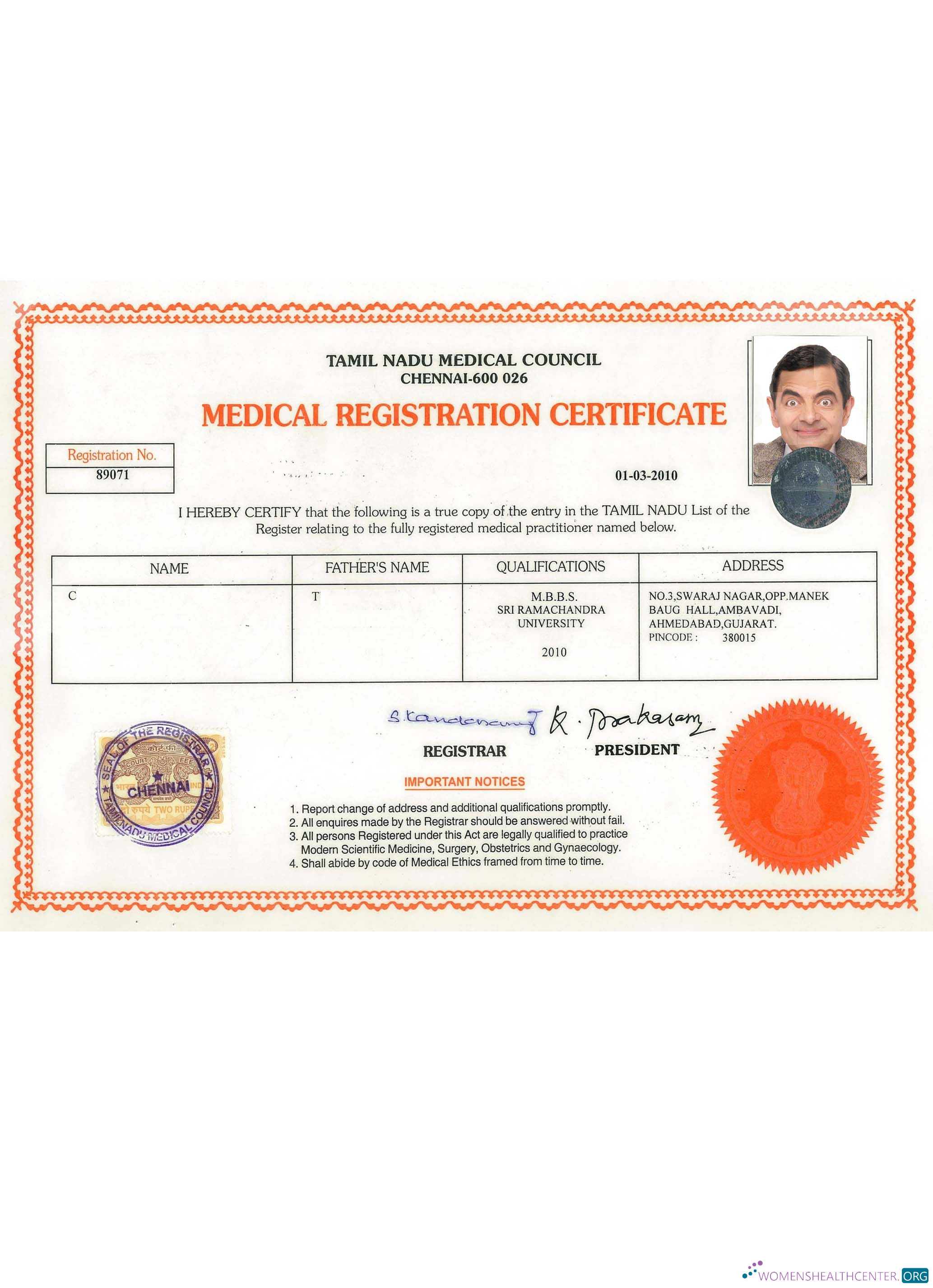 Профессиональный Скачать Индия Tamil Nadu Registration Certificate Photoshop Шаблон