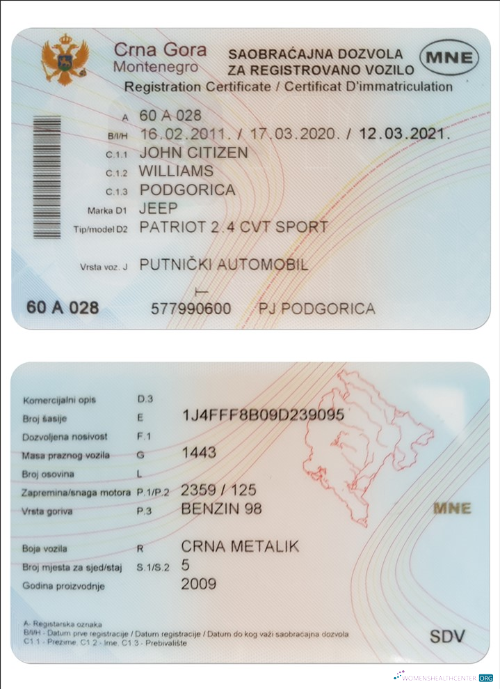 Редактируемый Скачать Черногория Vehicle Registration Certificate Photoshop Шаблон